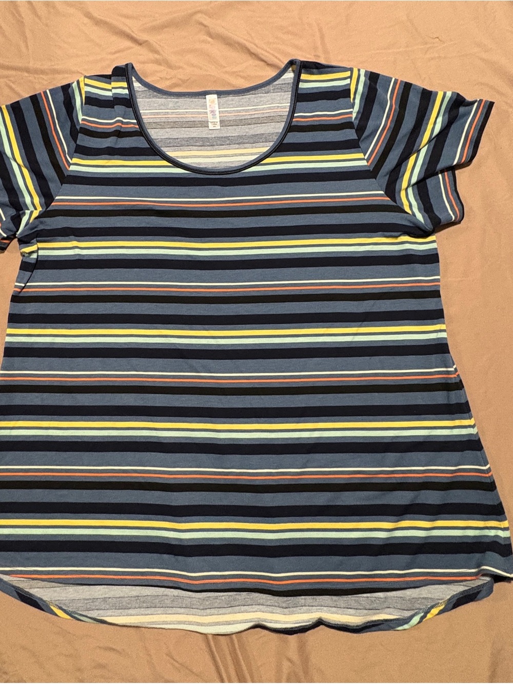 LuLaRoe Navy Scoop Neck Striped Tee with Yellow, Light Blue, and Coral Accents